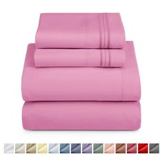 four piece sheet set in pink with matching sheets and pillow cases, all different colors