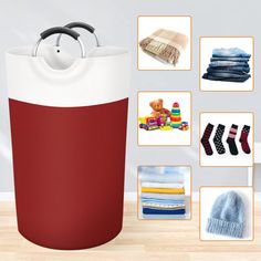 a large red and white bag sitting on top of a wooden floor next to other items