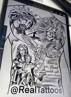 an image of jesus and mary on the back of a cell phone with text that reads real tattoos