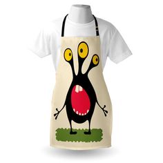 an apron that has a cartoon character on the front and side, with yellow eyes