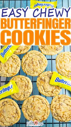 easy cheesy butterfingerer cookies on a cooling rack with orange and yellow wrappers