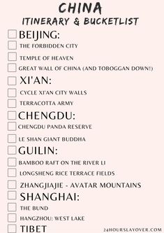 the china itinerary and bucket list is shown in black on a pink background