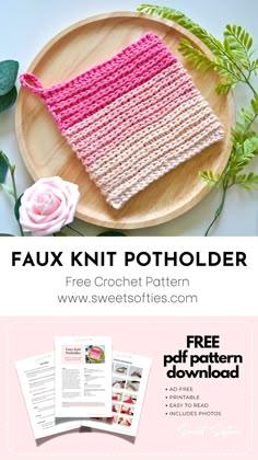 a knitted potholder is shown on a plate with pink flowers and green leaves