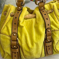 Cute Neon Green Designer Yellow Shoulder Bag With Leather Handles, Designer Shoulder Bag With Leather Handles In Yellow, Mini Backpack Purse, Juicy Couture Purse, City Chic Dresses, Juicy Couture Handbags, Couture Bags, Juicy Couture Bags, Black Leather Handbags