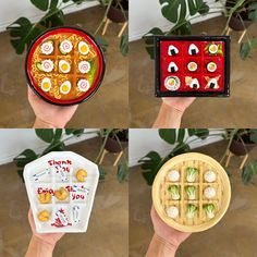 four pictures of different types of food in their hands, including waffles and sushi