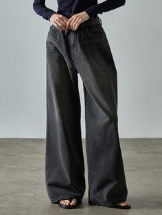 These classic wide jeans in faded black offer a vintage look with a relaxed fit and unique design details. It is made from 100% Cotton with a tightly woven 12.5oz high-density denim fabric.- Maxi length and oversized fit silhouette with contrast stitching on indigo-colored fabric- High rise design that makes your legs enlogated- Vintage mood with subtle cat brushing washing and eco-friendly ozone washing technique Facade Pattern, Colored Fabric, Wash Brush, Wide Jeans, Brushing, Contrast Stitch, Denim Fabric, Vintage Look, Oversized Fits