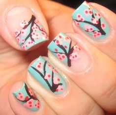 cherry blossoms Cherry Blossom Nails Art, Cherry Blossom Nails, I Love Nails, Nail Art Inspiration, Floral Nails, Fancy Nails, Manicure E Pedicure, Nail Polishes