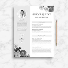 a clean and modern resume template on a marble surface with a pencil next to it