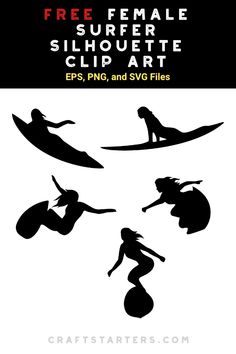 the silhouettes of surfers and their surfboards are shown in black on white