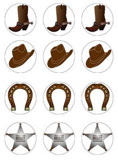 the cowboy hat and boots are shown in different shapes, sizes, and colors on this button set