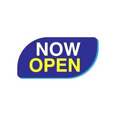 the now open sign is blue and yellow