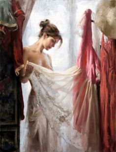 a painting of a woman looking at her wedding dress