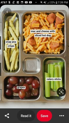 a metal tray filled with different types of food