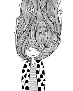 a black and white drawing of a girl with her hair blowing in the wind, wearing a polka dot scarf