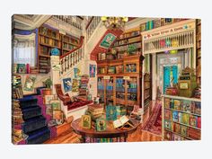 a painting of a library with bookshelves, stairs and rugs on the floor