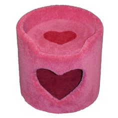 a pink cat bed with a red heart on the top and bottom, sitting in front of a white background