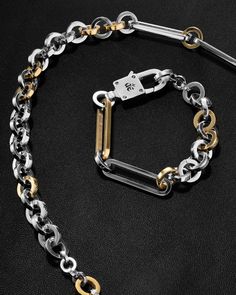 Duality entwined, chaining two truths—a bracelet that connects contrasting perspectives. A dichotomy of chains in a single bracelet, embodying contrasting elements. Made of 316L stainless steel, providing a tarnish-free, hypoallergenic, waterproof, and durable adornment. Complete your look with other jewelry from the Paradox series. Sold individually. Each piece is lovingly crafted by hand, under ethical working conditions. Please allow for minor imperfections that are true to handcrafted jewelr Gold And Silver Bracelets, Bangle Designs, Alternative Fashion, Silver Bracelets, Bracelets For Men, Design Crafts, Handcrafted Jewelry, Gold Bracelet, Bangles