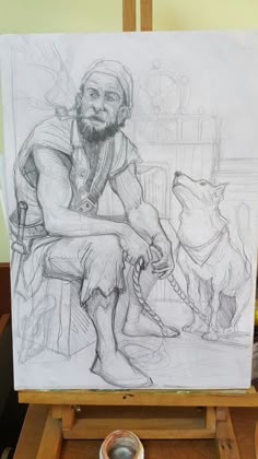 a drawing of a man sitting on a bench next to two dogs