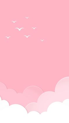 a pink background with white clouds and birds in the sky