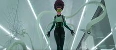 an animated woman with green eyes and black pants