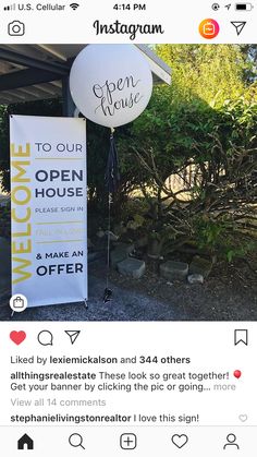 an instagram page with the words open house on it and two balloons attached to them