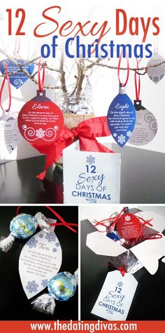 the twelve days of christmas ornaments are hanging from a tree with ribbons and tags on them