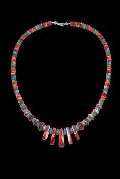 Santo Domingo Style Handmade Sterling Turquoise Red Spiny Oyster Beaded Jacla Necklace Orders totaling $100 and up will receive an anti-tarnish treated velvet jewelry pouch! If you'd like a custom made piece in any beaded style with the stones of your choice please contact us. We can create necklaces, earrings and bracelets. Necklace measures approximately 19.25"  The beads graduate from approximately 6mm to 19mm Total weight is approximately 38 Grams Condition: New  Metal: Sterling silver  Come Velvet Jewelry, Necklace Turquoise, Spiny Oyster, New Metal, Jewelry Pouch, Beautiful Necklaces, Turquoise Necklace, Necklace Etsy, Custom Made