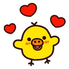 a yellow bird with hearts flying around it