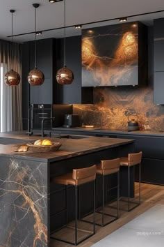 a kitchen with marble counter tops and bar stools next to an island in the middle