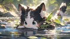 a cat is floating in the water with leaves on it's head and eyes