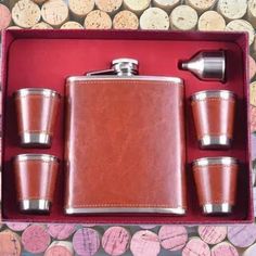 Gift Set with Brown Hip Flask 530ml Leather Shot Glasses, Funnel Limited Edition Hip Flask, Shot Glasses, Leather Cover, Funnel, Coupon Codes, Flask, Gift Set, Limited Edition, Stainless Steel