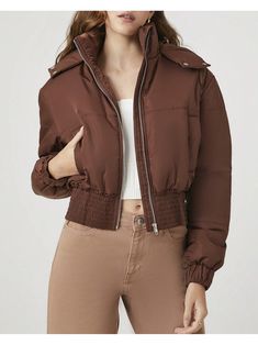 A woven puffer jacket featuring a funnel neck, hood with buttoned collar, dropped long sleeves, elasticized trim, zip-up front closure, slanted front pockets, and cropped smocked hem.Cropped Hooded Puffer Jacket Brown         Women Clothing, size features are:Bust: ,Length: ,Sleeve Length: Hooded Puffer Jacket With Ribbed Cuffs, Trendy Fall Puffer Jacket With Detachable Hood, Brown Puffer Jacket With Detachable Hood For Fall, Brown Fall Puffer Jacket With Detachable Hood, Solid Color Fall Puffer Jacket With Drawstring Hood, Fall Puffer Jacket With Detachable Hood, Cropped Puffer Outerwear For Fall, Fall Cropped Puffer Outerwear, Cropped Puffer Jacket For Spring