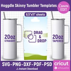 two white mugs with purple labels and the words drag & drop are shown in three different sizes