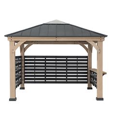 a wooden gazebo with a black roof