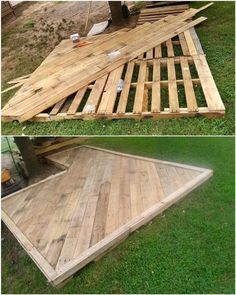 two pictures of the same wooden floor in different stages of being built and laying on top of each other