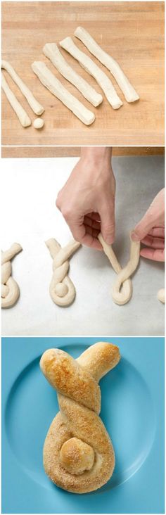 the process of making bread buns is shown in three different stages, including dough being rolled into buns