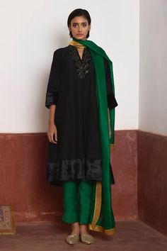 Black sashiko style anarkali with front inverted pleated detail, contrast velvet panels, floral pattern and contrast zardozi embroidered yoke. Paired with contrast green cigarette pant. - Aza Fashions Tulle Pants, Zardozi Work, Beige Jacket, Handwoven Fabric, Silk Organza, Embroidered Jacket, Pants Pattern, Pant Set, Designer Wear