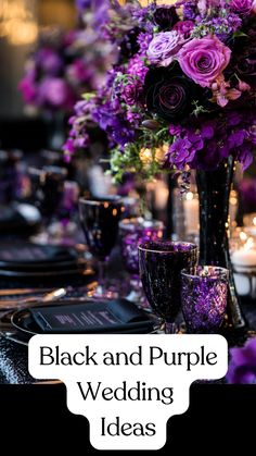 Elegant black and purple wedding table setting with floral arrangements and chic decor. Purple Black And Ivory Wedding, Black And Purple Wedding Table Setting, Black Purple Emerald Wedding, Purple Theme Party Ideas, Black White Green Purple Wedding, Black And Purple Table Decor, Purple And Black Party Theme, Shades Of Purple Wedding Theme, Black And Purple Decor