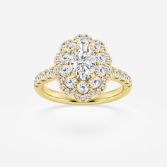 a yellow gold engagement ring with an oval center surrounded by round brilliant cut diamonds, on a white background