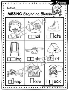 the missing beginning blends worksheet with pictures and words to help students learn how to