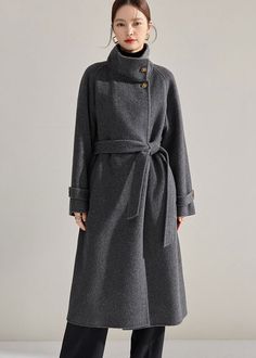 Vivian Seven Women's Winter Stand Collar Belted Wrap Wool Long Coat Gray Long-sleeve Wool Coat With Self Belt, Wool Coat With Self Belt, Wool Coat With Self Belt And Long Sleeves, Winter Long Coat With Self Belt, Belted Long Wool Outerwear, Long Belted Wool Outerwear, Long Wool Belted Outerwear, Belted Long Wool Coat, Belted Stand Collar Winter Outerwear