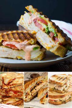 a collage of photos showing different types of grilled sandwiches with cheese, meat and veggies