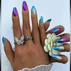 Medium Almond Fake Nails- 24pcs Color Tone: Mixed Color- Purple, Blue, White Nail Shape: Drop Shape Nail Length: Short Nail Pattern: Gradient, Colorblock Blue And Purple Nails Designs, Purple And Turquoise Nails, Nails With Turquoise, Blue And Purple Nails, Purple Nails Designs, Blue And Purple Gradient, Turquoise Nails, Purple Nail Designs, Medium Almond