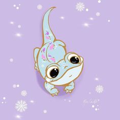 a cute little blue lizard with big eyes on a purple background filled with snowflakes