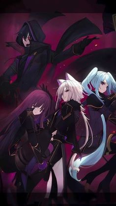 three anime characters standing in front of a purple background with long hair and black clothes