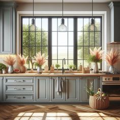 a kitchen with lots of windows and plants in vases on the counter top next to an oven