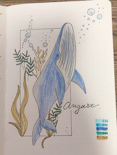 a drawing of a blue whale with the word august written on it's side