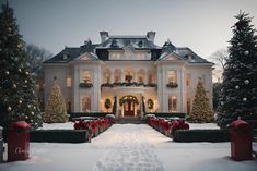 a large white house decorated for christmas with wreaths on the front and trees around it