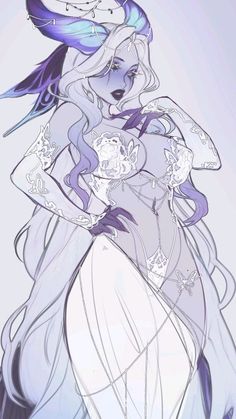 a drawing of a woman in a white dress with blue hair and wings on her head