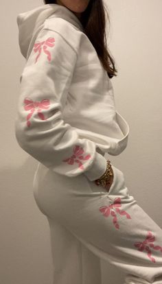 Hoodie with bow detailing Hand Made by me! Casual Long Sleeve Sweater With Bow, Casual Long Sleeve Bow Sweater, Casual Long Sleeve Tops With Bow, White Casual Tops With Bow Print, Casual White Tops With Bow Print, Coquette Sweatpants, Bow Sweatpants, Pink Day, Womens Sweatshirts